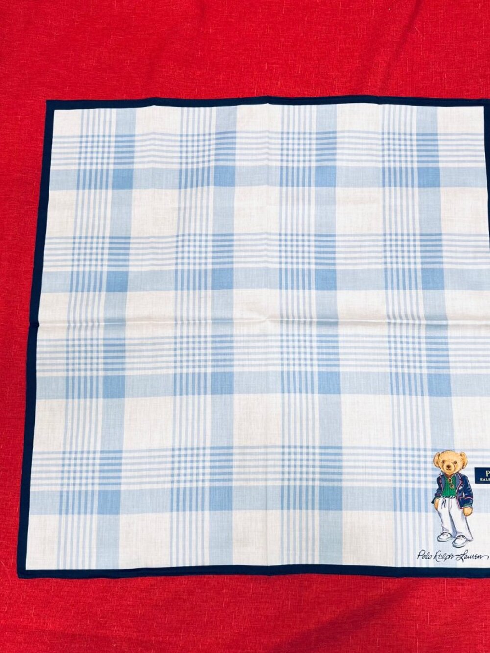 Polo Ralph Lauren Handkerchief/ Bandana 19" white blue check with Bear (82) - Picture 10 of 13